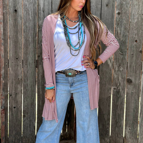 Mauve Striped Mid-Length Cardigan