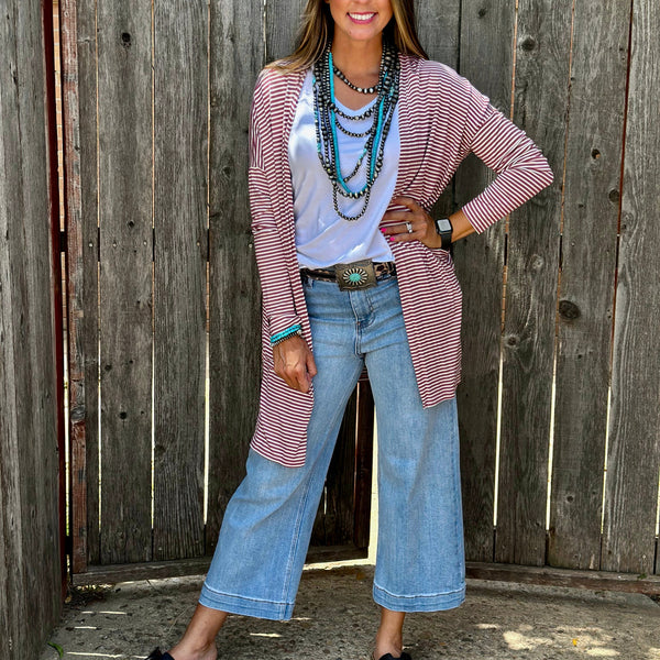Mauve Striped Mid-Length Cardigan