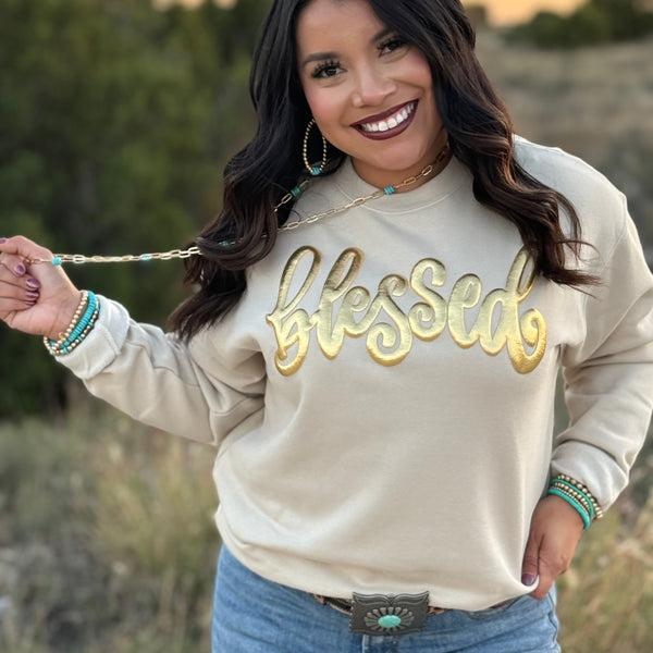 Blessed in Gold Metallic Puff Sweatshirt