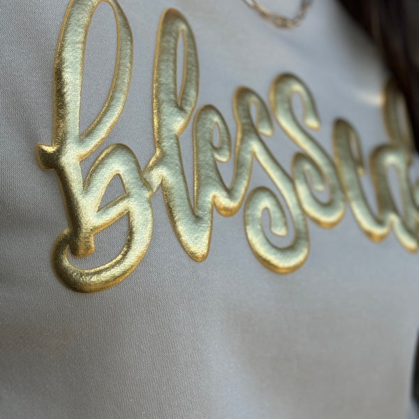 Blessed in Gold Metallic Puff Sweatshirt