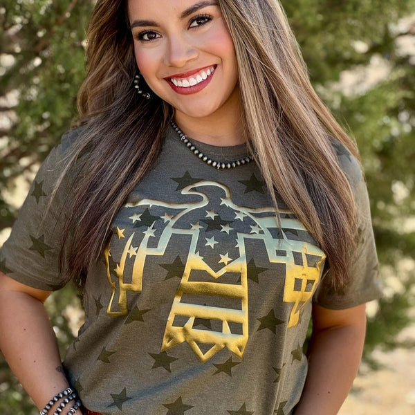 Patriotic Thunderbird Tee with Metallic Gold Puff