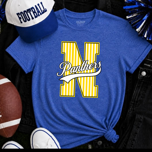 Nickerson Panthers yellow and white design on royal blue tee